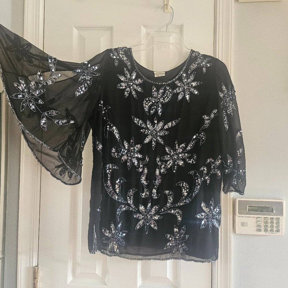 Roaman's Top Women Black White Allover Beaded Silk Formal Cruise - Picture 1 of 5